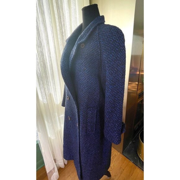 Vintage 80s winter wool coat, navy and black tweed, oversized shoulders - Picture 2 of 9